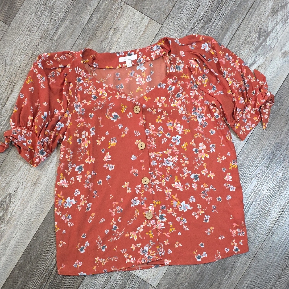 LC Lauren Conrad Rust Orange Floral Button Front Blouse